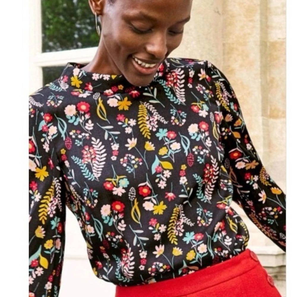 Boden Floral High Neck Viscose Blouse Botanical, Scandi, Whimsical Sz US 8 UK 12